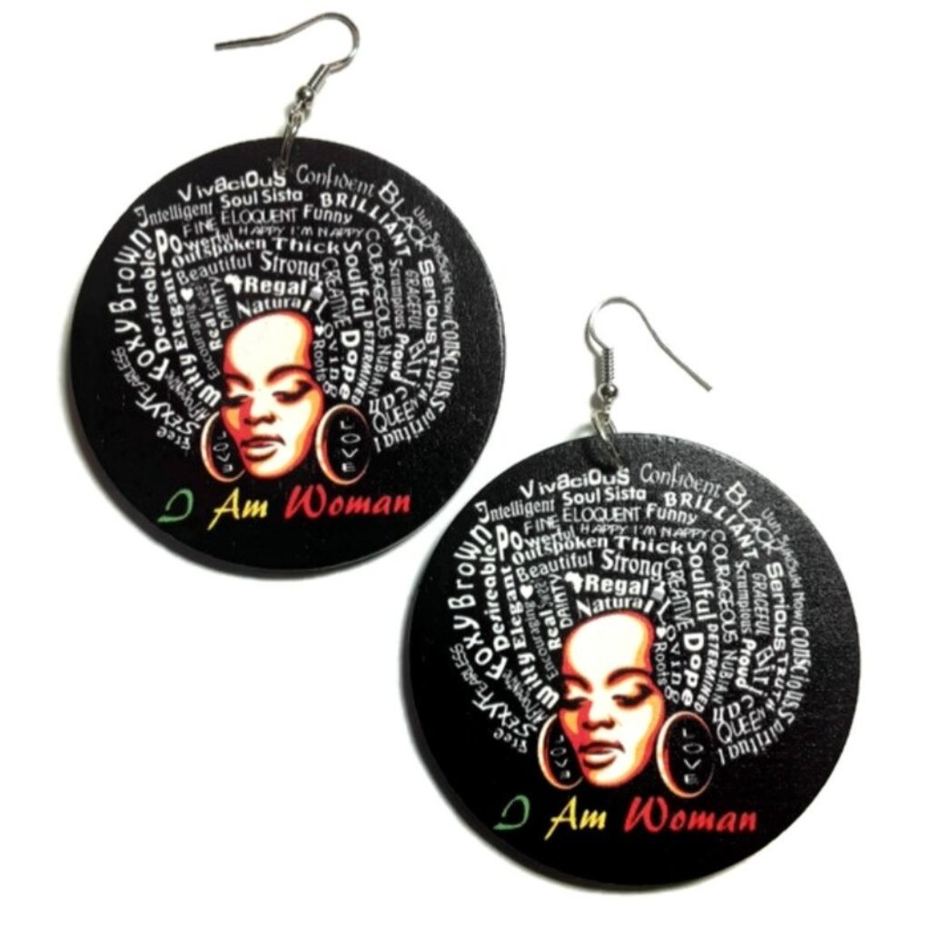 I Am Woman Medium Statement Dangle Wood Earrings